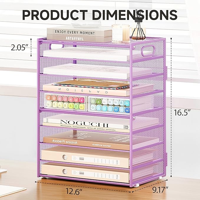 SUBEKYU 9 Tier Paper Letter Tray Desk Organizer with Handles - Purple Metal Mesh File Holder Paper Sorter Desk Organizer for Office Home School, Include 6 Pcs Adjustable Slid Tray, 6 Colors Available