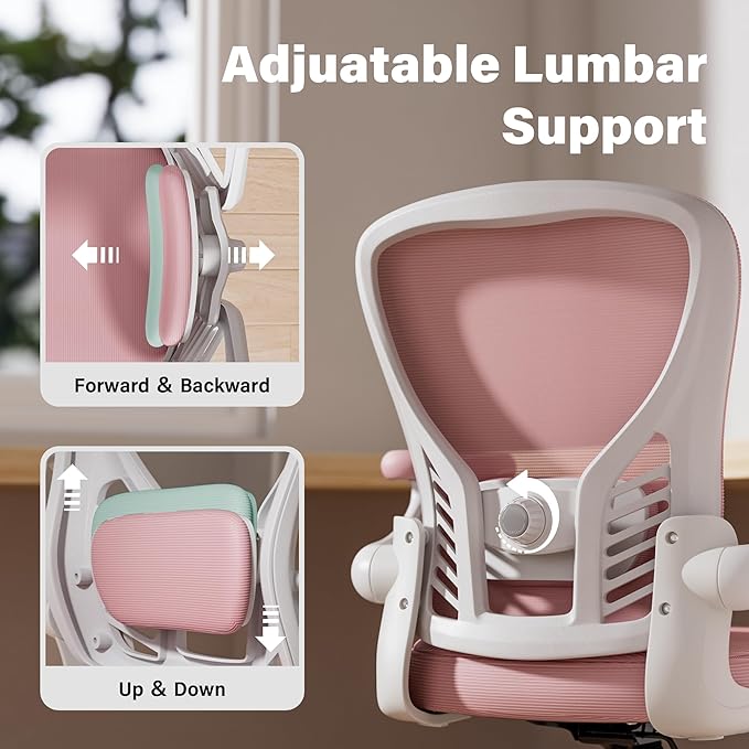 GYI Computer Desk Chair, Ergonomic Office Desk Chairs with Mesh Back, Adjustable Lumbar Support, Height, 3D Flip-up Arms, Wheels, Rocking Function (Pink)