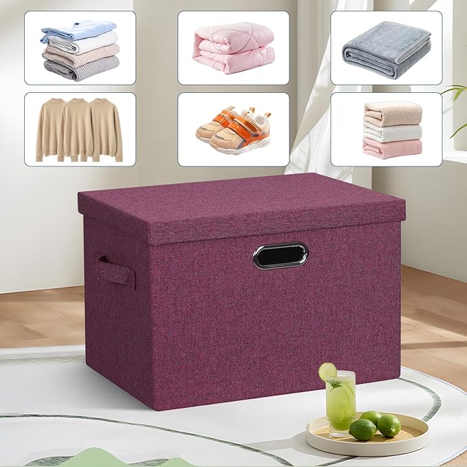 Large 17" 36 Quart Collapsible Stackable Storage Bins with Lids, 3 Packs Purple Linen Fabric Closet Boxes with Lids, Storage Cube Baskets Container Organizers for Bedroom Office (17x12x11)