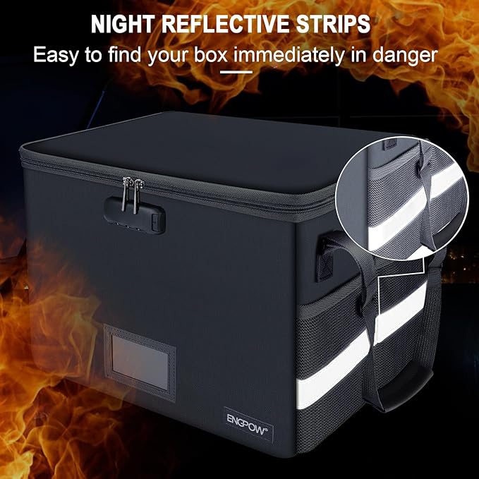 ENGPOW File Box with Lock, Fireproof Document Box with Zipper Lid, Collapsible File Organizer Storage Filing Cabinet with Handle, Portable Home Office Safe for Hanging Letter/Legal Folders, Grey