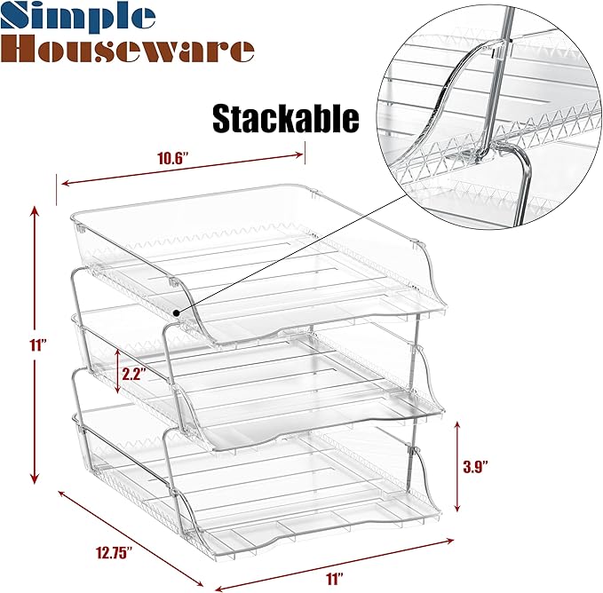 Simple Houseware 3-Tier Crystal Clear Stackable Document Letter Tray Paper Organizer – Desk Organizer for A4/Letter Size Documents, File Sorter, Paper Holder, Office Desktop File Storage, Acrylic Look