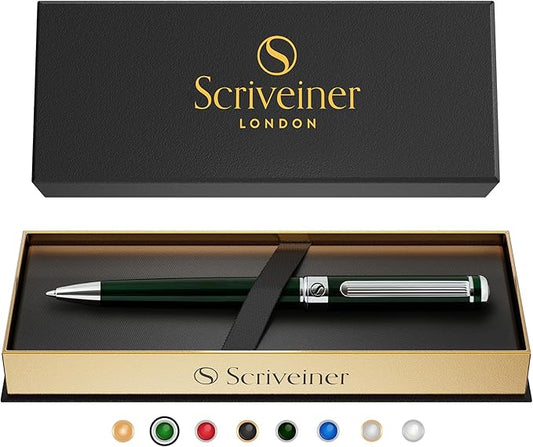 Scriveiner Green Ballpoint Pen - Stunning British Racing Green Luxury Pen, Chrome Finish, Schmidt Black Refill, Best Ball Pen Gift Set for Men & Women, Professional Executive Office, Nice Designer Pen