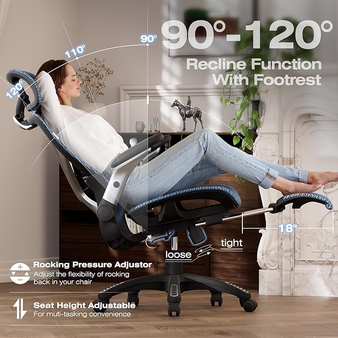 ELABEST X100 Ergonomic Office Chair with Footrest, Big and Tall Home Desk Chair with 5D Flip-Up Arms, Adjustable 8D Lumbar Support,High Back Rolling Computer Chair, Swivel Mesh Chairs (Oaxaca Blue)