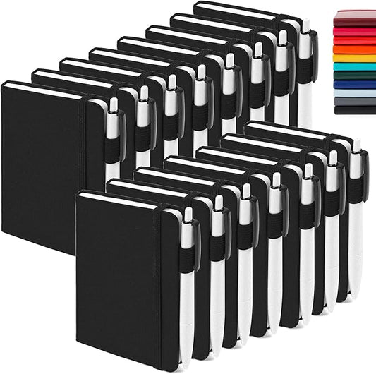 feela 15 Pack Pocket Small Notebooks Bulk, Mini Cute Notepads Hardcover College Ruled Lined Journals with Pen Holder for School Business Memos, with 15 Black Pens, 3.5”x 5.5”, A6, Black
