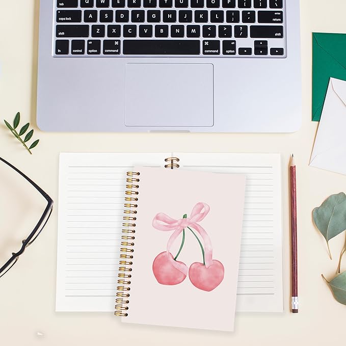 BearCake Preppy Pink Aesthetic Notebook,Cute notebooks for Women,Pink Cherry Dog Notebook gift,Pink Desk Accessories for Women, Hardcover Spiral Notebook 5.5x8.3