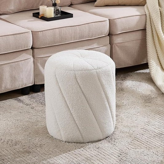 Modern Round Ottoman, Spiral-Tufted Foot Stool Ottoman, Teddy Fleece Upholstered Vanity Stool for Makeup, Bedroom, Living Room, White