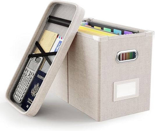 Oterri File Organizer Box with Lid, Hanging Filing File Box with Mesh Pocket, Document Organizer Box for Letter Files, Portable Storage Box with Smooth Sliding Rail for Office&Home (1 PCS, Beige)