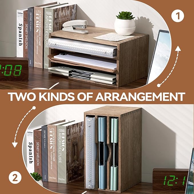 KIRIGEN Wooden Desktop Organizer Paper Storage Letter Tray File Sorter - Desk Rack Magazine File Dividers Holders for Home Office Accessories with 3 Layer Trays Dark Brown (3KWJG-DBR)