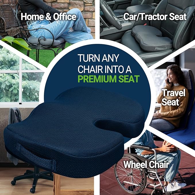 Gel Seat Cushion for Car Office - Memory Foam Pain Relief Chair Pillow Cushions - Tailbone Sciatica Coccyx Butt Lumbar Support Pad for Sitting Driving Traveling, Mesh, Blue