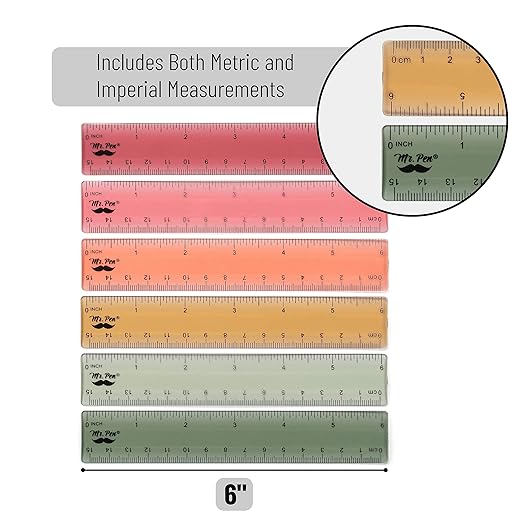 Mr. Pen- Ruler, 6 Inch, 6 Pack, Vintage Colors, Rulers for School, Clear Plastic Ruler, Back to School Supplies