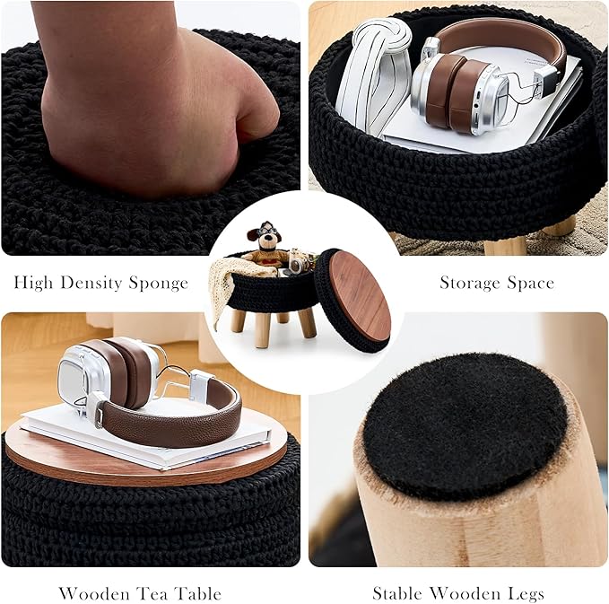 Round Storage Ottoman Foot Rest Cotton Braided Foot Stool Pouf Ottoman with Solid Wood Legs Footstool with Storage Shoe Changing Stool for Living Room Black