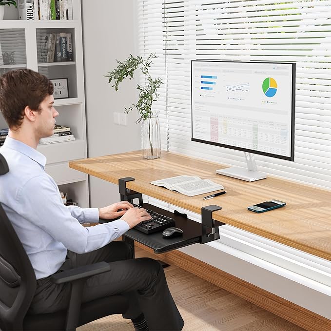 BONTEC KMT01-PJ Under Desk Keyboard Tray, Pull-Out Keyboard & Mouse Platform with C-Clamp, 20 x 11.8 in Space-Saving Ergonomic Slide-Out Drawer, Black Carbon Fiber