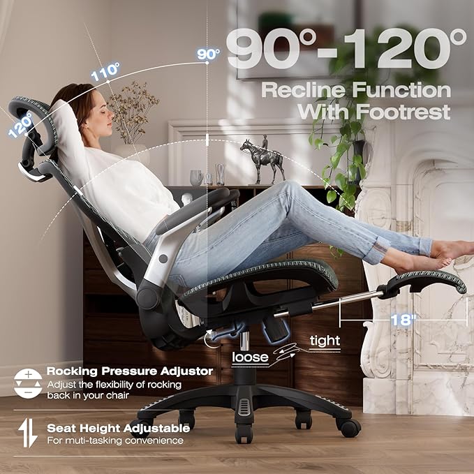 ELABEST X100 Ergonomic Office Chair with Footrest, Big and Tall Home Desk Chair with 5D Flip-Up Arms, Adjustable 6D Lumbar Support,High Back Rolling Computer Chair, Swivel Mesh Chairs (Forest Ranger)