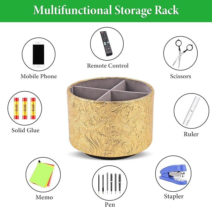 lizimandu Round Leather Art Supply Organizer,Remote Control Holder,360 Degree Spinning,Multi-Functional Pencil Holder,4 Compartments Desktop Stationary Organizer(1-Carved Gold)