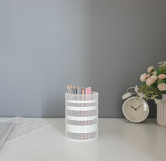 Metal Mesh Pen Pencil Cup Holder Stand Office Desk Organizer Stationery Caddy Makeup Brush Holder, White (Large)