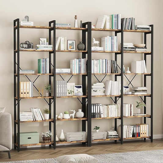oneinmil 6 Tier Bookshelf Set of 2, 71.5'' Industrial Wood Bookshelves, Book Shelf with 12 Open Display Shelves & Metal Frame, Tall Bookcase for Home and Office, Rustic Brown