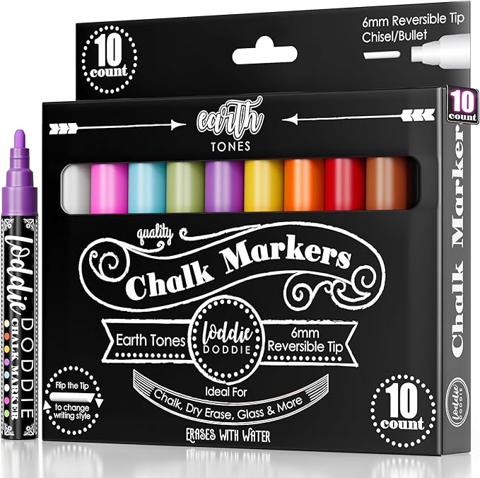 Loddie Doddie Liquid Chalk Markers - 10-Count 6mm Chisel & Bullet Tip - Earth Tone Erasable Chalkboard Pens - Dry Erase Markers for Blackboard