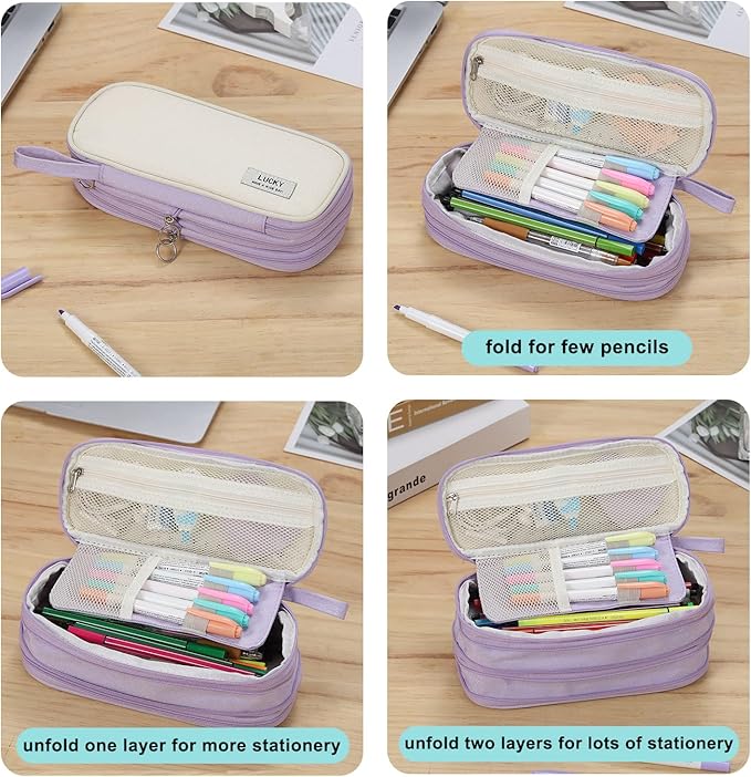 Big Pencil Case Zipper Pencil Pouch Organizer Large Capacity Pen Bag with Handle Portable for Girls Kids Adults Gift Pen Case for School Home Office Purple