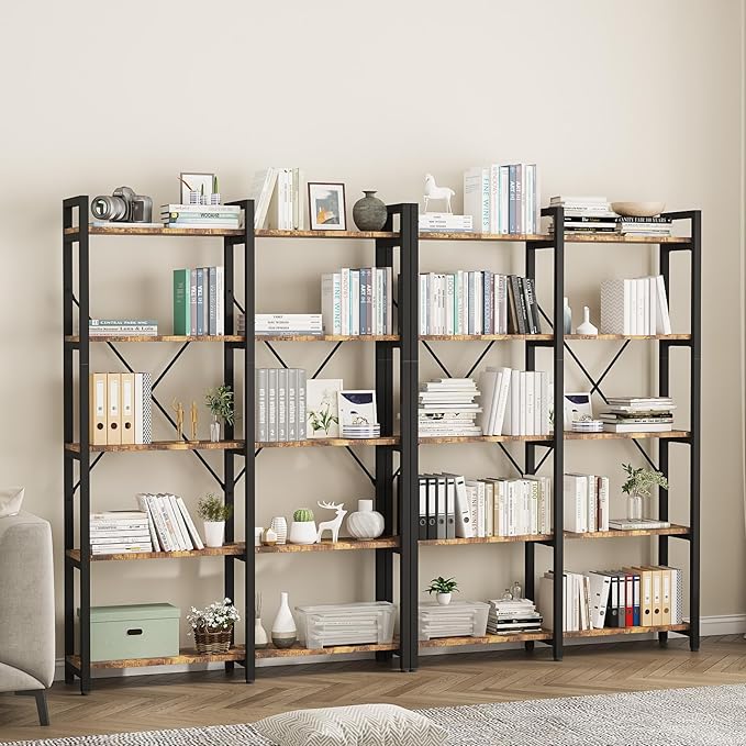 oneinmil Bookshelf 5 Tier, 58.7'' Industrial Book Shelf, Wooden Bookshelves with 10 Open Display Shelves, Vintage Storage Rack, Standing Wide Bookcase for Home and Office, Rustic Brown