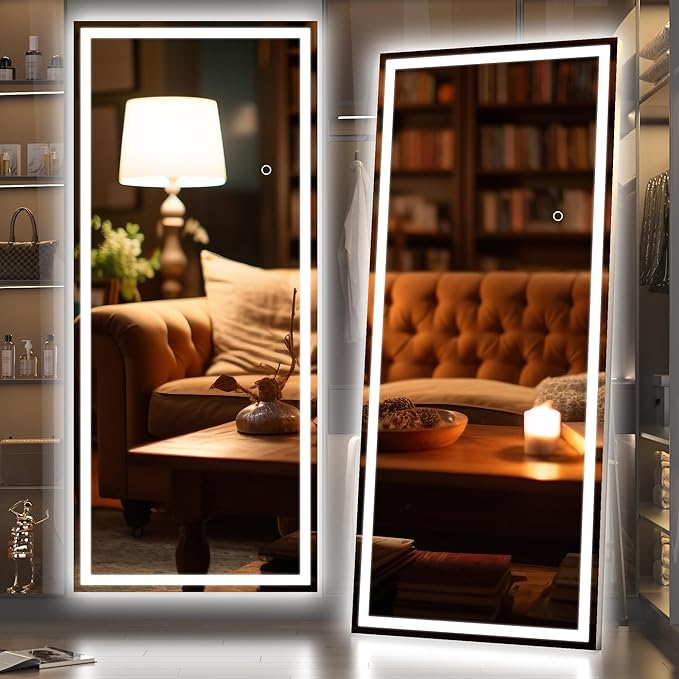Hasipu Full Length Mirror with Lights, 71" x 24" LED Lighted Floor Standing, Full Body Dressing Hanging Mounted Mirror, Dimmable, Tempered Glass, Safe to Use, Square Black