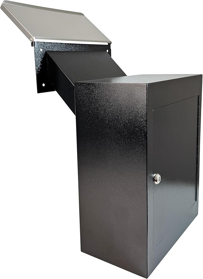 Through-The-Wall Drop Box with Rainproof Cover | Heavy Duty Through Wall Mailbox with 10-Inch Adjustable Chute | Rainproof Locking Drop Safe for Mail, Rent, Checks, Cash, and Keys, Black