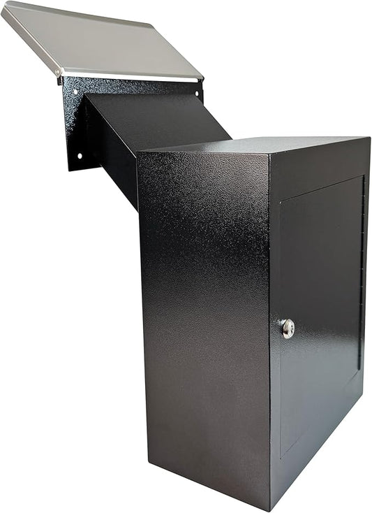 Through-The-Wall Drop Box with Rainproof Cover | Heavy Duty Through Wall Mailbox with 10-Inch Adjustable Chute | Rainproof Locking Drop Safe for Mail, Rent, Checks, Cash, and Keys, Black