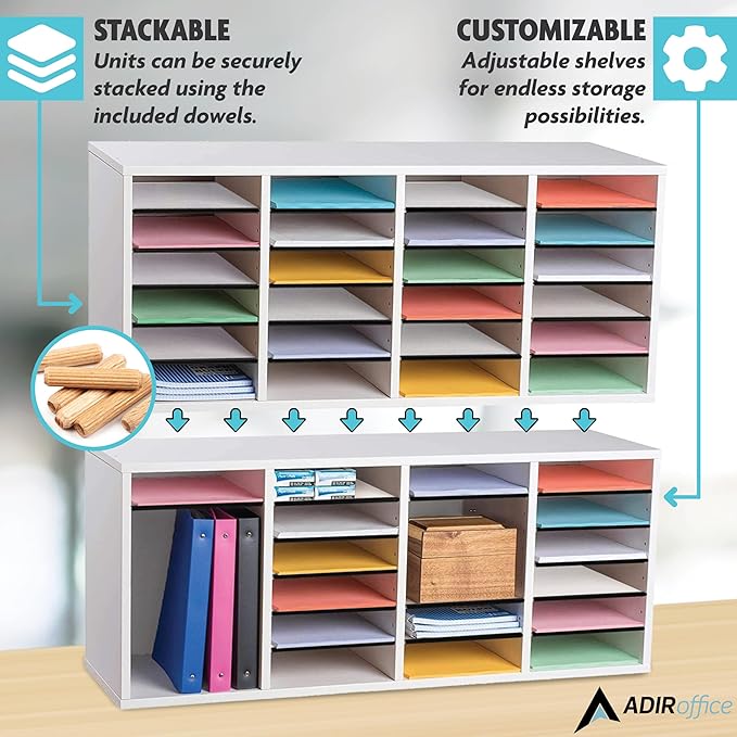 AdirOffice Wooden Adjustable Literature Organizer, 24 Compartment Office Mailbox, or Classroom Literature Organizer, White