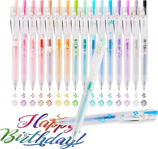 EooUooIP Glitter Gel Pens, 16 Assorted Colors 0.7MM Fine Tip Retractable Rolling Ball Pens, Quick-Drying Ink Sparkly Gel Ink Pens for Adults Journaling Coloring Books Drawing Doodling