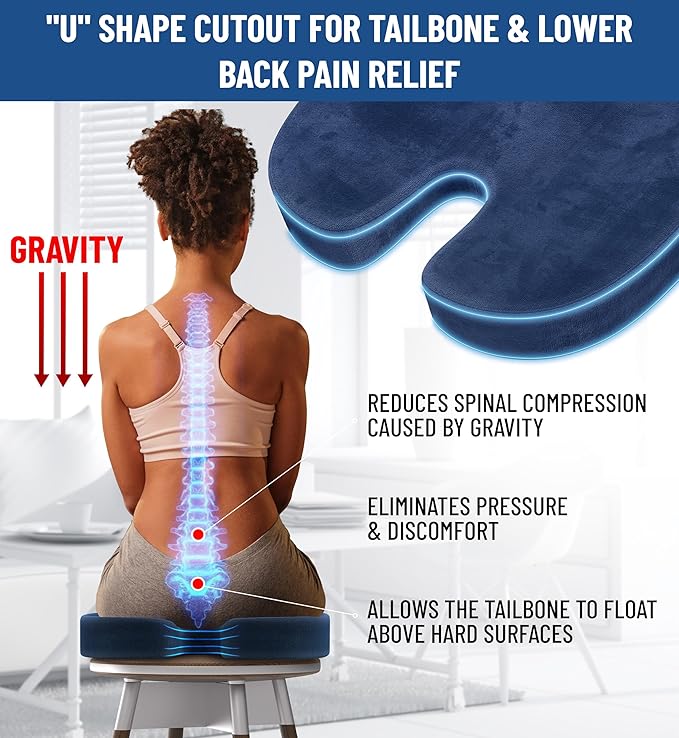 Everlasting Comfort Doctor Recommended Memory Foam Seat Cushion for Office Chairs & Car Seat - Ergonomic Office Desk Accessories for Tailbone Pain Relief, Sciatica & Back Support