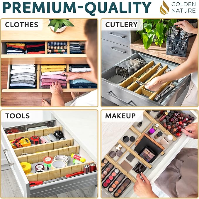 Bamboo Drawer Organizer - with Inserts & Labels, 17-22" - Adjustable Spring Loaded Kitchen Dividers for Utensils & Junk Storage - Expandable Silverware Separators for Organization