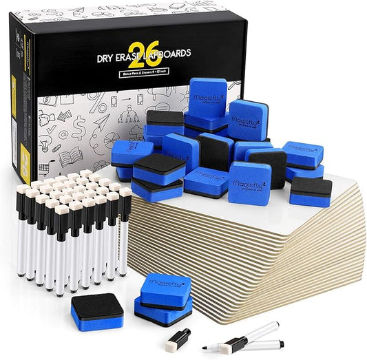 Magicfly Small White Boards, Dry Erase Board Pack of 26, Mini Whiteboards 9x12 Inches Double-Sided White Boards for Students Classroom Teachers School Supplies Office with 32 Pens and 26 Erasers