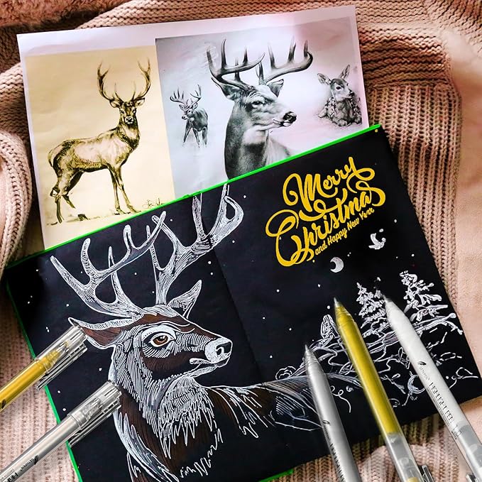 Gold Gel Pens, 1.0 mm Extra Fine Point Gel Ink Pens, Opaque Gold Archival Ink Pens for Black Paper Drawing, Sketching, Card Making, White Gel Pen for Artists Drawing, 3 Pack