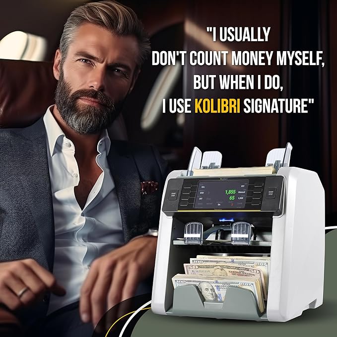 KOLIBRI Signature Bank-Grade Money Counter Machine Mixed Denomination | 2-Pocket Cash Counter Machine, Currency Discriminator | 3-Year Manufacturer's Warranty | 2 CIS UV/MG IR/MT SN/DV IRT