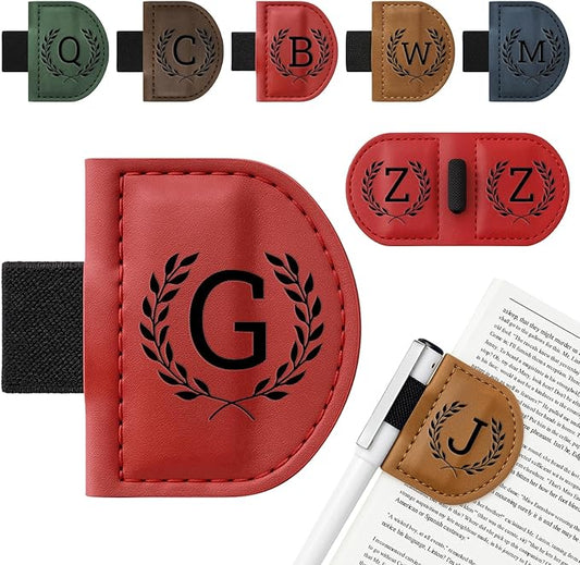 Personalized Bygone Mark Bookmark with Pen Holder,Engraving Leather Magnetic Bookmarks Vintage 26 Letters Name Initials Text Book Marker Clips Gifts for Reading Book Lovers Women (Red, G)