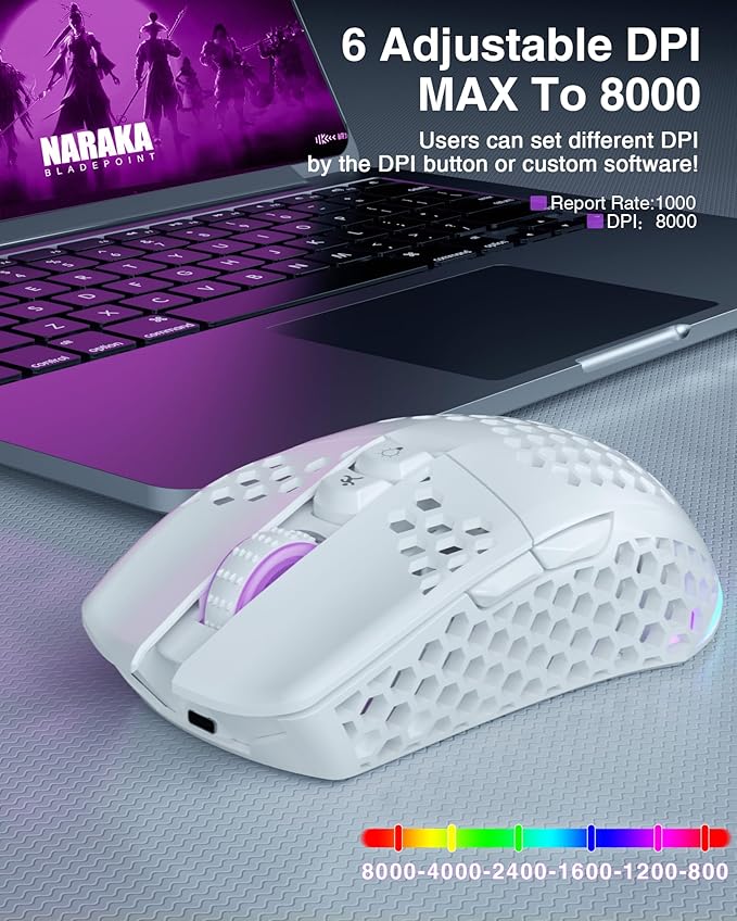 SM600 White Wireless Gaming Mouse,8000 DPI Tri-Modes BT5.1/Type-C Wired/2.4G Wireless Mouse with 2 Side Buttons, Programmable Macro Gamer Mouse with RGB Light for Laptop/PC/Mac