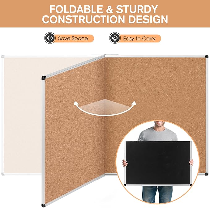 Board2by Extra Large Cork Bulletin Board 72" X 48", Foldable Notice Pin Board for Wall, Silver Aluminum Framed 6'x4' Corkboard, Wall Mounted Noticeboard with 36 Push Pins for School, Home & Office