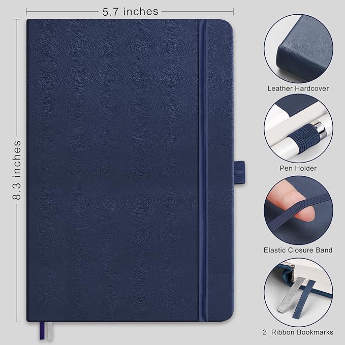 RETTACY Blank Journal Notebook, 192 Pages, A5 Medium Size (5.7'' x 8.3''), Leather Hardcover, 100 GSM Thick Paper, for Sketching, Drawing, Painting (Navy Blue)