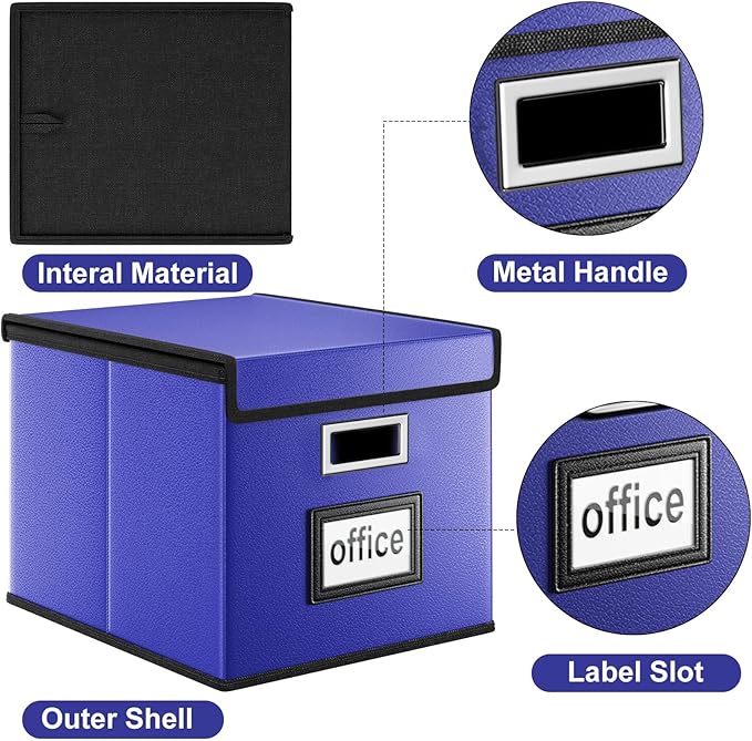 Huolewa File Organizer Box with Lid, Collapsible Leather File Folder Organizer for Office Document Storage, Filing Box with Plastic Slide for Letter/Legal Size Hanging Files,Navy Blue