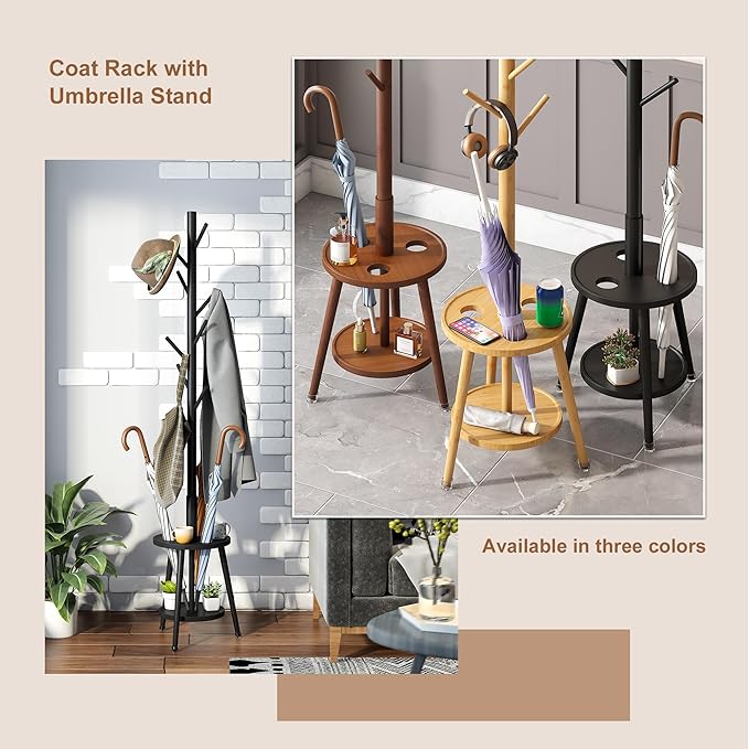 FILWH Freestanding Coat Rack with Umbrella Organizer Tray Bamboo Coat Tree Rack with 8 Hook Stand for Clothes Bag Hats Entryway Hanger Stand(Black)
