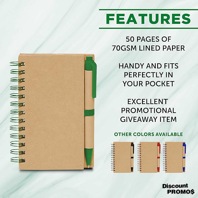 Mini Spiral Notebooks with Black Ink Pens Set of 10, Bulk Pack - Perfect for School, Office, Business, Home - Green