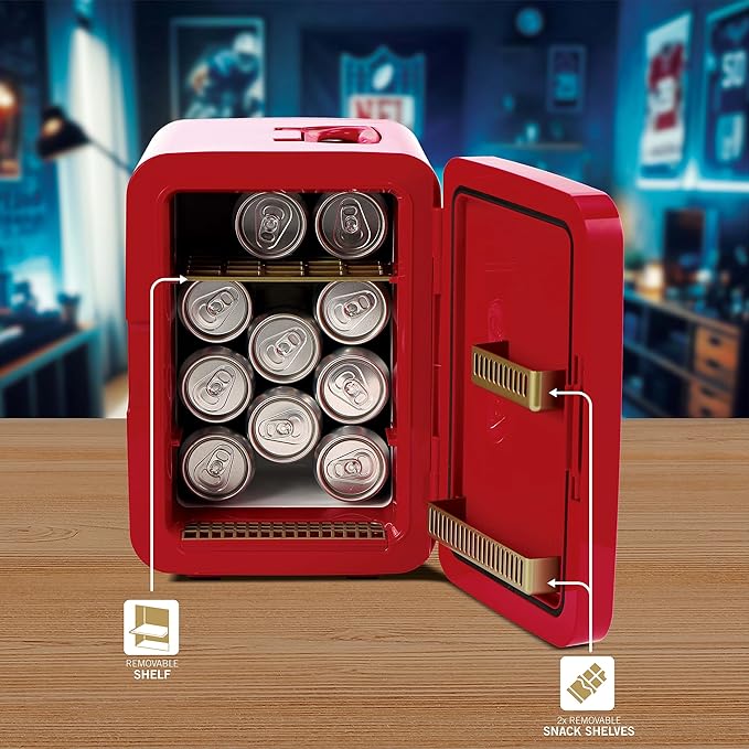 Ukonic NFL San Francisco 49ers 15-Can Mini Fridge 10L – AC/DC Powered, Official Team Colors & Logo, Portable Cooler for Tailgates, Home, Office, or Car