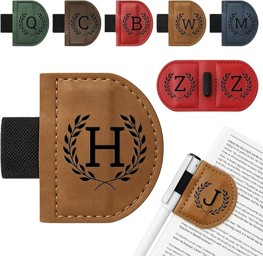 Personalized Bygone Mark Bookmark with Pen Holder,Engraving Leather Magnetic Bookmarks Vintage 26 Letters Name Initials Text Book Marker Clips Gifts for Reading Book Lovers Women (Brown, H)
