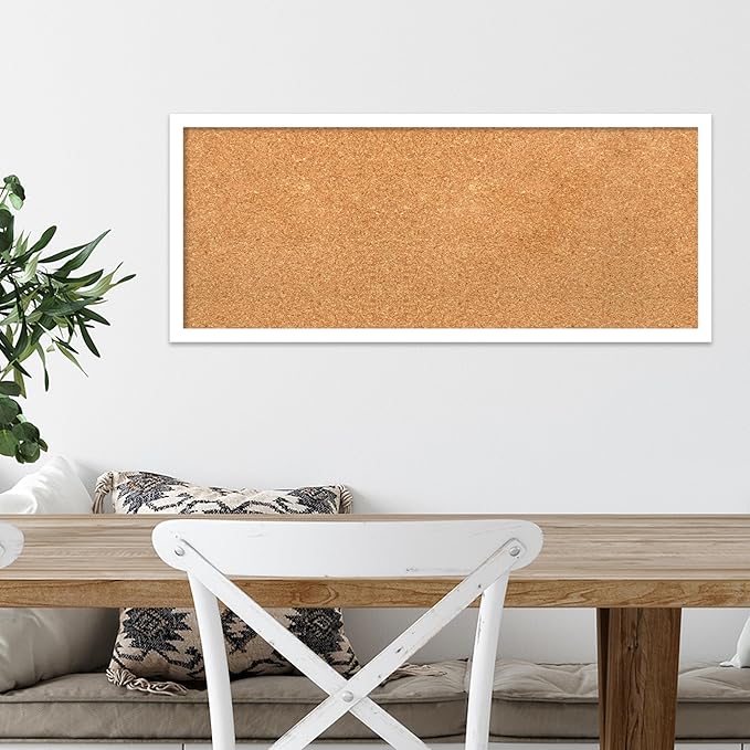Amanti Art Natural Cork Board for Wall, 13x31 Vision Board with White Frame, Medium Corkboard Office Decor for Home Organization, Modern Corkboard Pinboard to Display Items for Home Organization in