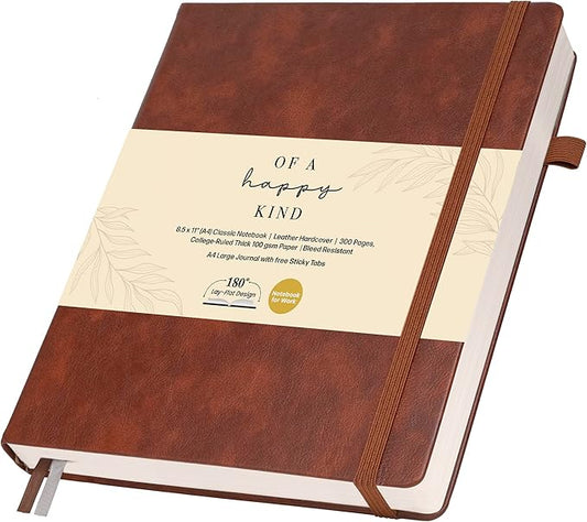 Thick Lined Journal Notebook 8.5x11" with Big A4 Hardcover Leather - Brown - 300 Pages College Ruled Large with Sticky Tabs, Pockets, and Pen Loop for Writing and Journaling - Hardback Men and Women