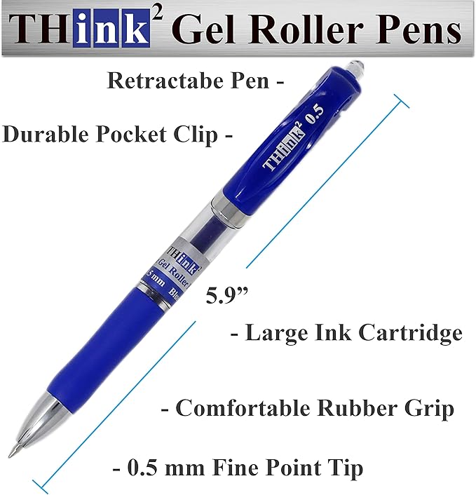 THINK2MASTER [24 Pens - Blue Ink] Think2 Retractable Gel Pens. (24 Blue) Fine Point (0.5mm) Rollerball Pens with Comfort Grip.