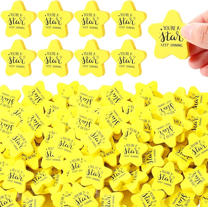Spakon 100 Pcs Inspirational Star Erasers for Kids Bulk Cute Back to School Erasers 1.57" Fun Eraser for Classroom Prize You're A Star Yellow Motivational Gift for School Student Rewards