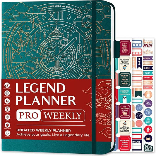 Legend Planner PRO – Deluxe Weekly & Monthly Life Planner to Increase Productivity and Hit Your Goals. Time Management Organizer Notebook – Undated – 7 x 10" Hardcover + Stickers – Dark Teal