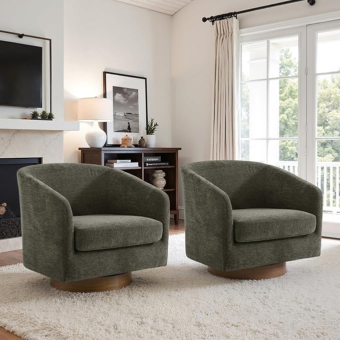 UIXE Swivel Accent Chairs Set of 2, Chenille Upholstered Barrel Chair for Living Room, Comfy Round Armchair Single Sofa Bedroom Reading Seat - 31" W, Tan