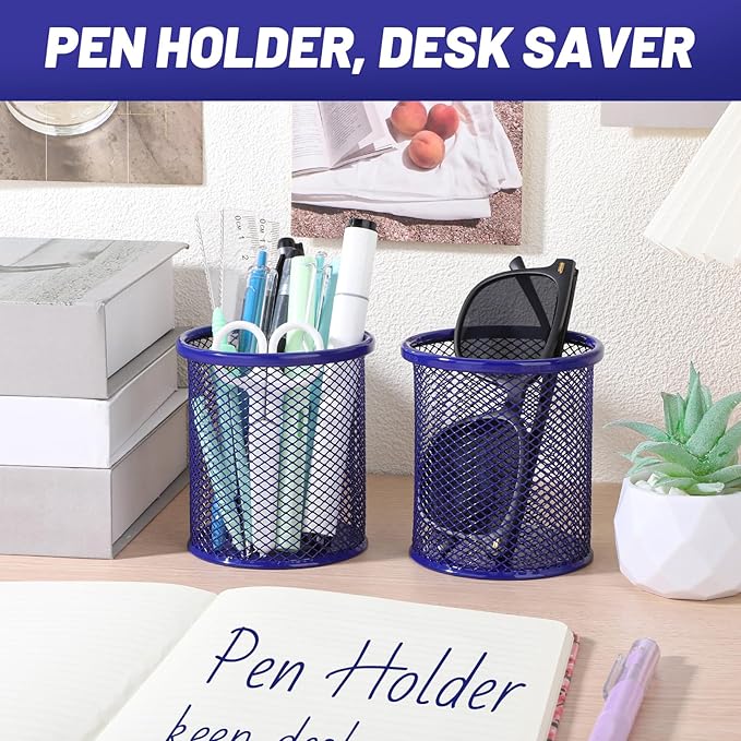 Segarty Pen Cup, 3 Pack Round Cute Dark Blue Pen Holder for Desk, Wire Mesh Pencil Holder Container Set, Desktop Organizer for Office Supplies, Maker, School, Home Storage, Makeup Brush