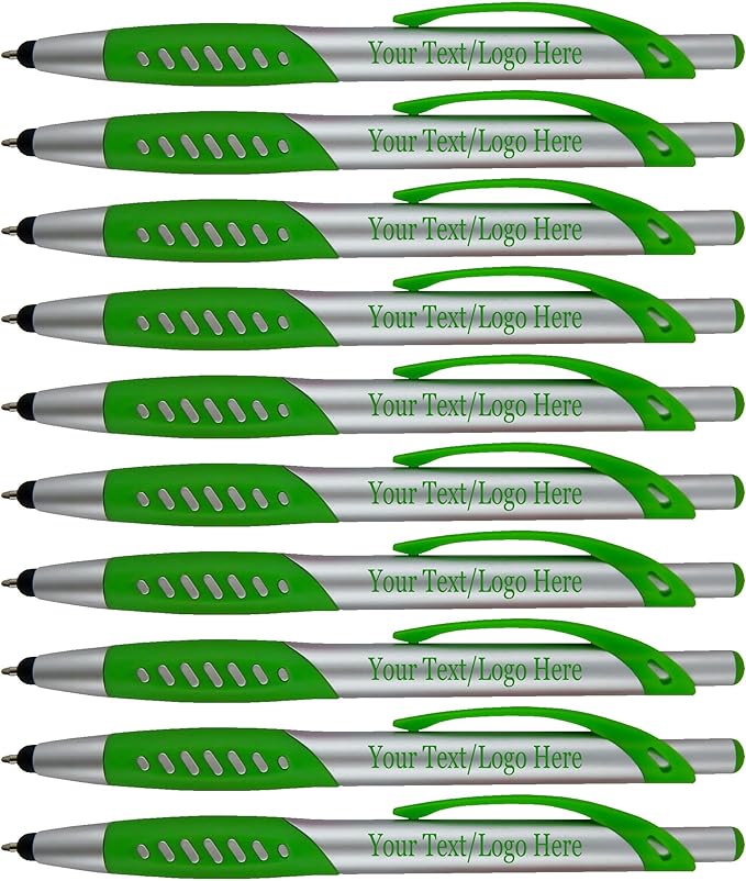 Personalized Pens With Custom Logo or Text-300 Pack Bulk-for Businesses, Parties, and Events, 2 in 1 Ballpoint Pen & Capacitive Stylus for Touchscreen Devices, Click Action, Black Ink, Dark Green